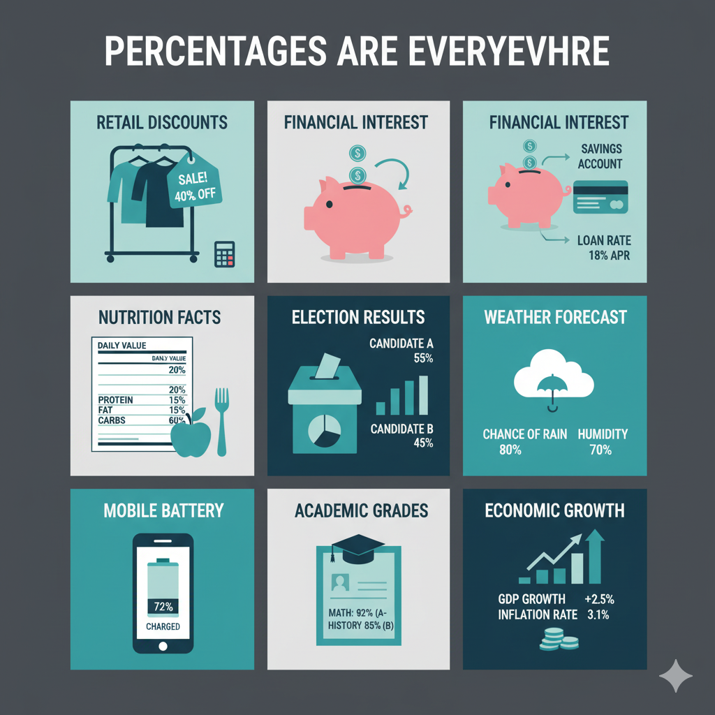 Collage showing various real-world applications of percentages in different contexts